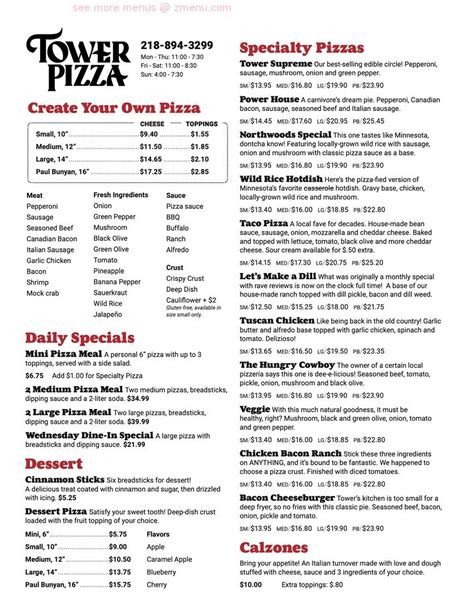 You may explore the information about the <b>menu</b> and check prices for <b>Tower</b> <b>Pizza</b> by following the link posted above. . Tower pizza staples menu